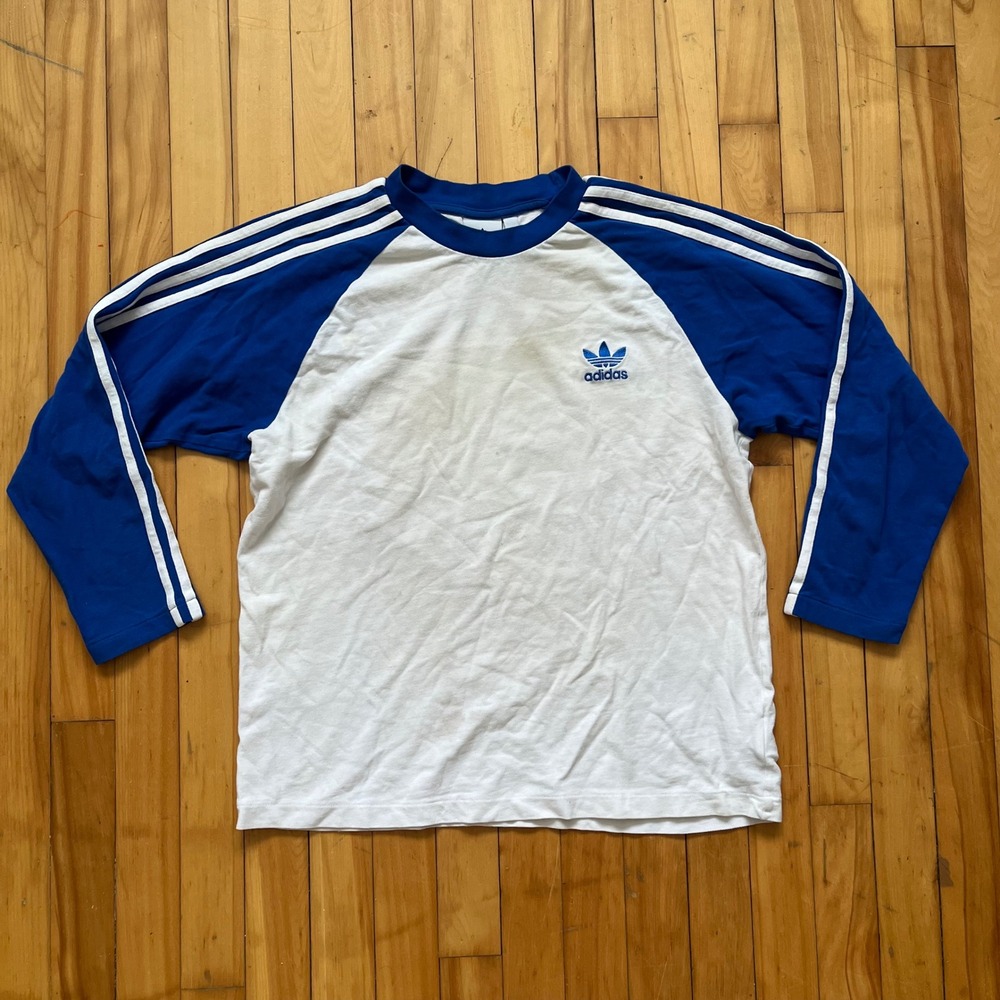 Adidas Originals Mens XL Raglan Long Sleeve T-Shirt Blue White 3-Stripe Trefoil